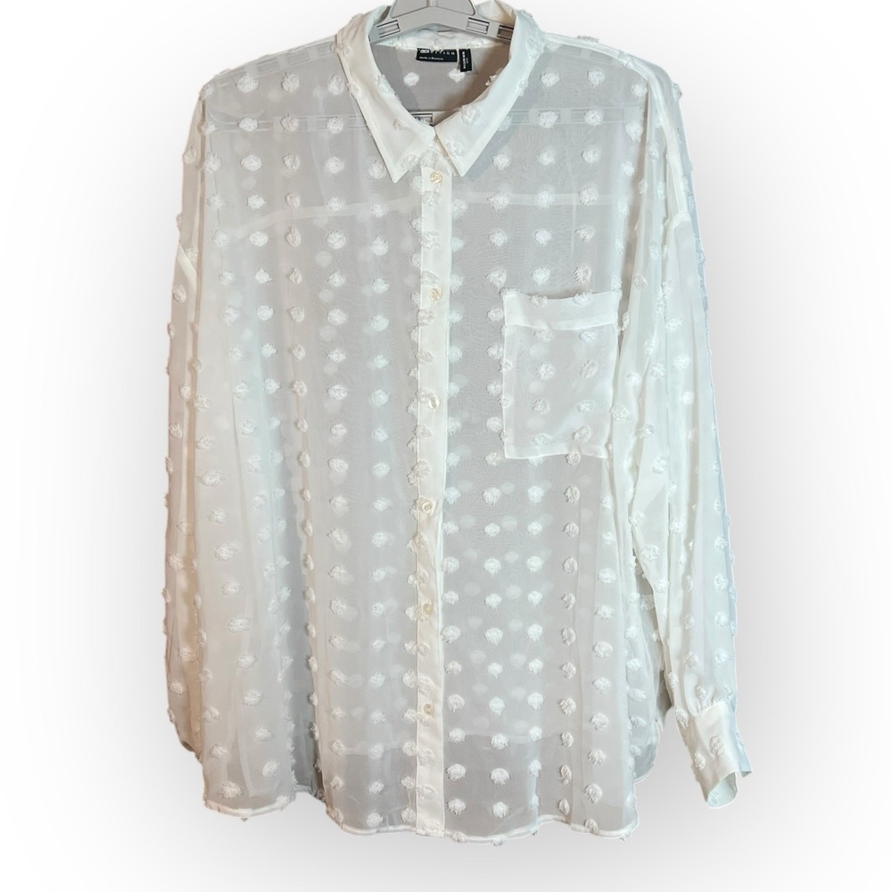ASOS Womens Semi Sheer White‎ Button Cottagecore Top 18 Raised Swiss Dot Pocket